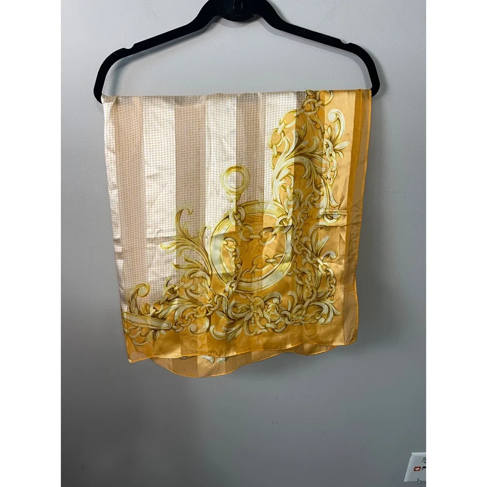 Nino Cerruti Silk Scarf Yellow Gold Baroque Chain Houndstooth Square Wrap Italy
